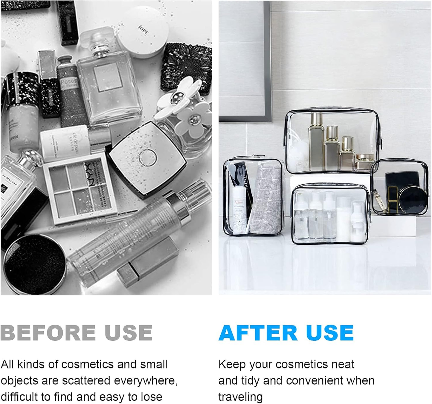 Aucuu 4-Pack Clear Wash &amp; Makeup Bags TSA Approved Makeup Bags, PVC Waterproof Travel Wash Bags for Family, Men, Women (Largea, Medium, Small, Minimum)