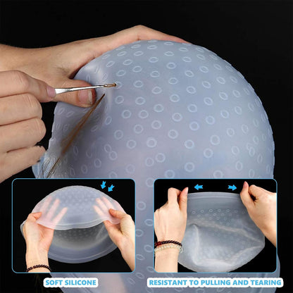 Punched Hole Silicone Highlight Hair Cap with Needle, Hair Highlighting Cap and Hook Kit, Reusable Coloring Hat with Hook for Professional Salon Silicone Hairdressing Tools