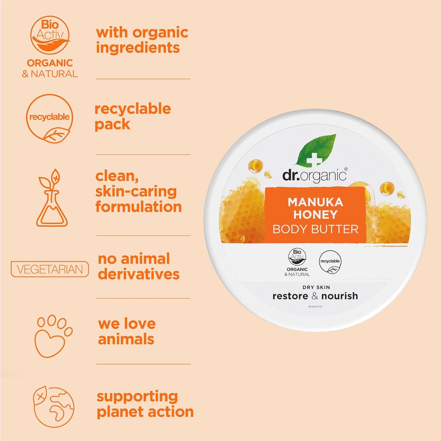 Dr Organic Manuka Honey Body Butter, Moisturising, Dry Skin, Mens, Womens, Natural, Vegetarian, Cruelty-Free, Paraben &amp; SLS-Free, Organic, 200ml