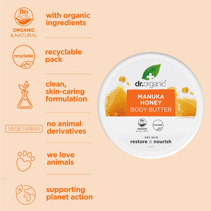 Dr Organic Manuka Honey Body Butter, Moisturising, Dry Skin, Mens, Womens, Natural, Vegetarian, Cruelty-Free, Paraben &amp; SLS-Free, Organic, 200ml