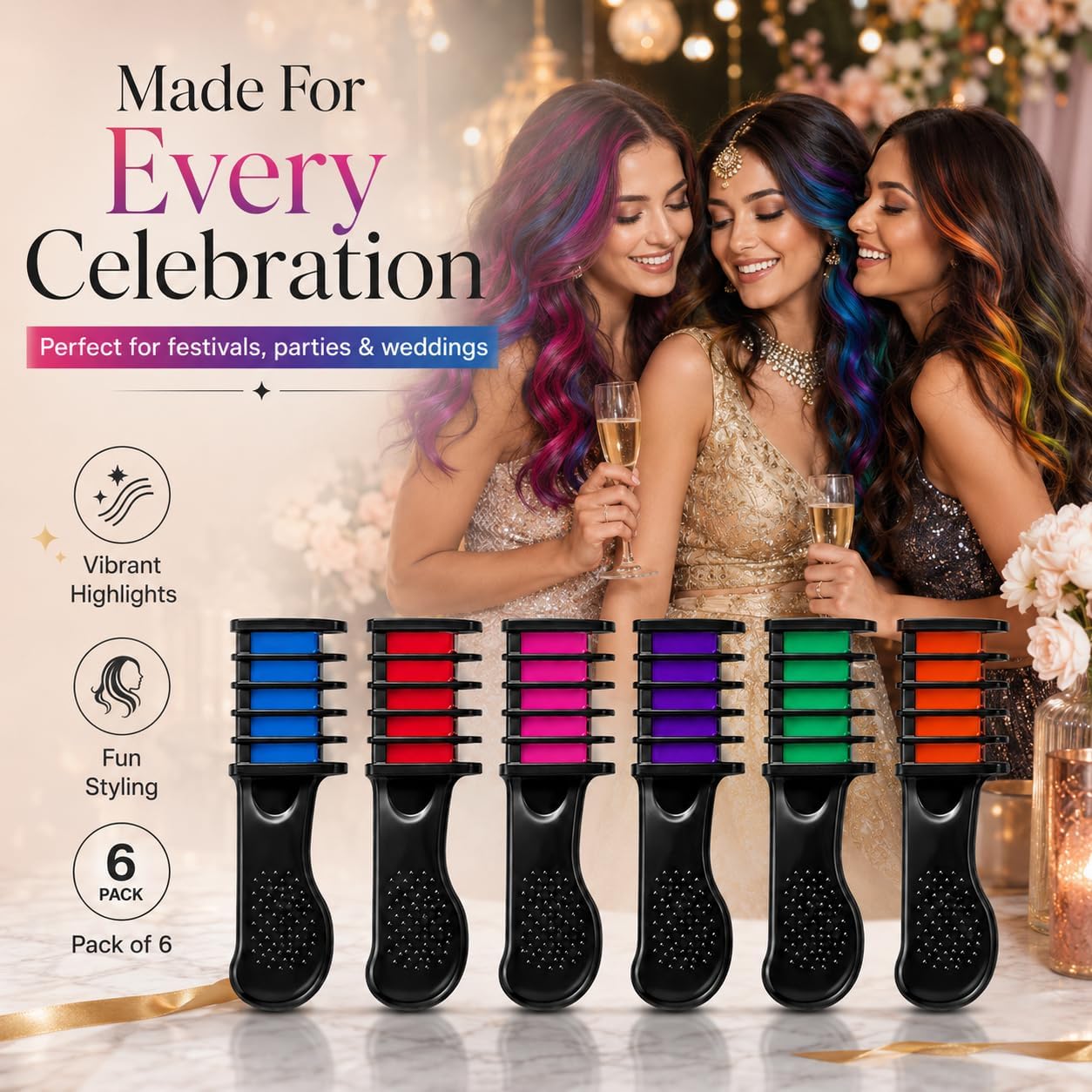 6PK Hair Colour Combs - Instant Temporary Hair Colour Brushes for Wet &amp; Dry Hair - Perfect for Festivals, Parties, Weddings (PACK OF 6)