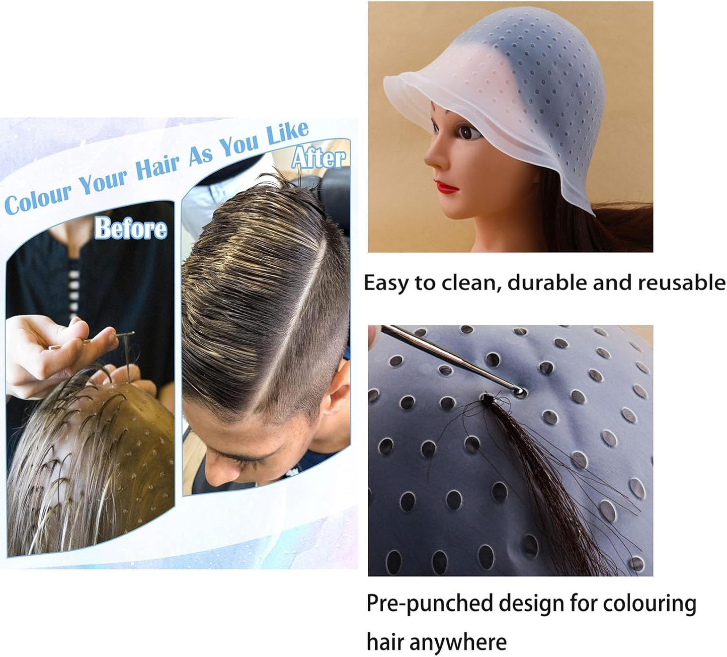 Pre drilled holes Highlight Caps,11 Pcs Silicone Highlight Cap Kit with Hair Coloring Brushes and Needle,Highlighting Frosting Cap for Color Salon Silicone Hairdressing Tools for Women Girls