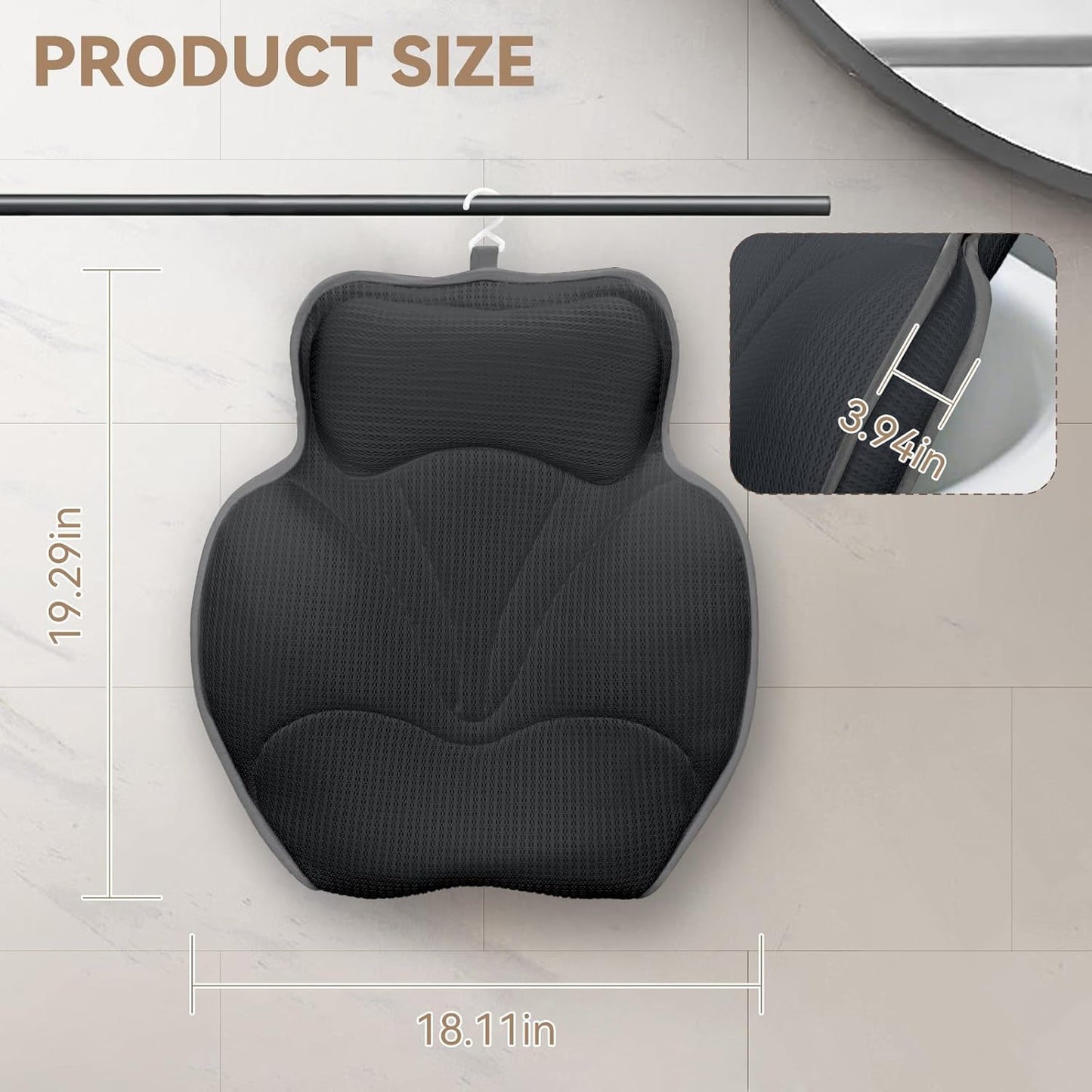Poemland Bath Pillow for Tub - Luxury Bath Pillow for Neck, Head &amp; Back Support, Soft 5D Mesh Quick Dry Fabric, 54 Non-Slip Suction Cups, Bathing Accessories &amp; Spa Gifts for Women, Grey