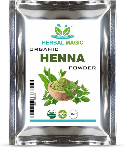 Herbal Magic Organic Henna Powder (100g) + Organic Indigo Powder(100g) for Hair Dye, USDA ,Chemical Free Hair Coloring, Natural Hair Mask, Combo Pack ,Premium Quality