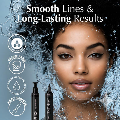 LA PURE Waterproof Winged Eyeliner Stamp - 8mm Long Lasting Liquid Liner Pen, 2 Wingliner Black Make Up Pens, Vamp Style Wing, Smudgeproof &amp; Sweatproof, Perfect Cat Eye Look, Eyeshadow, No Dipping