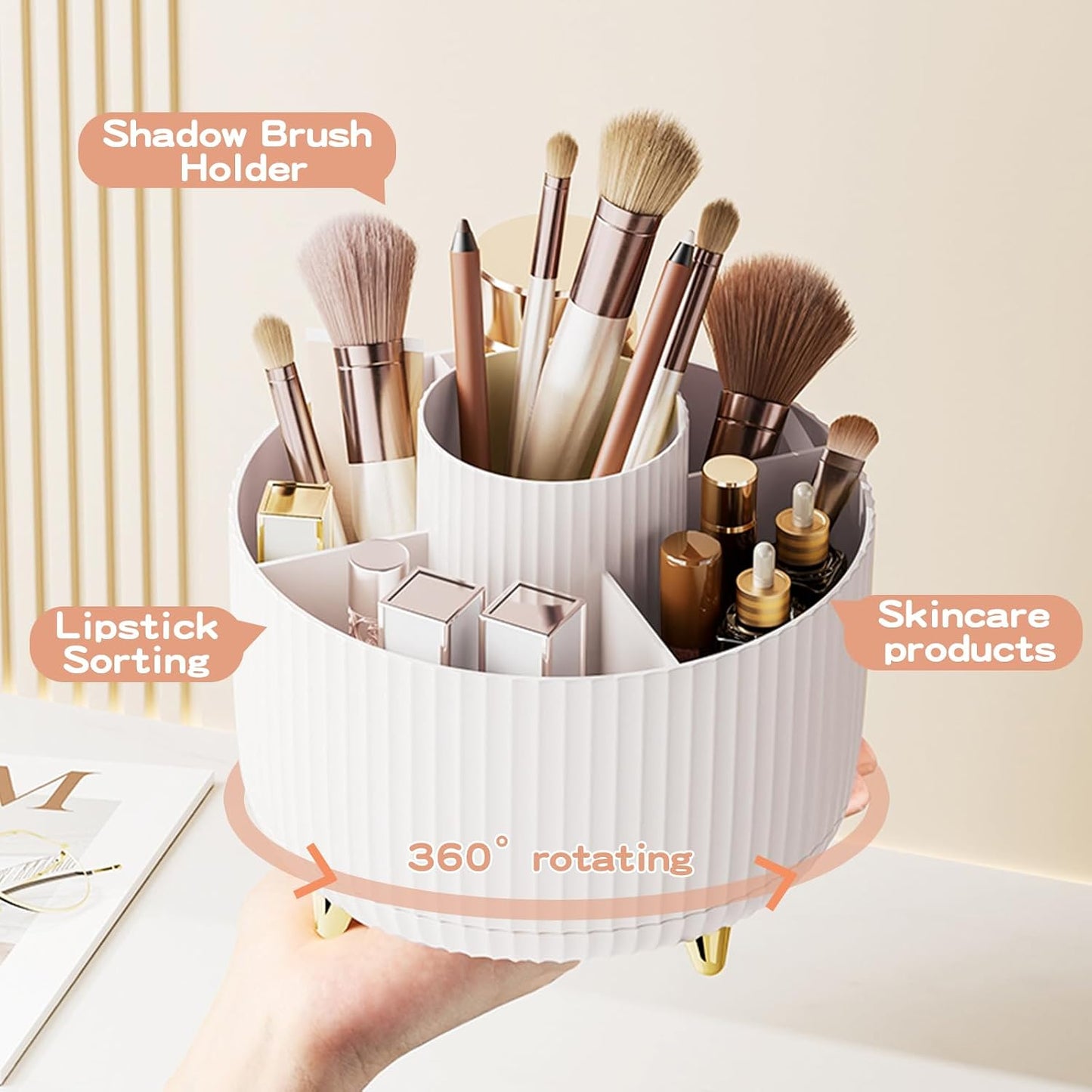 fanado 360° Rotating Makeup Organiser, Makeup Brush Holder, 5 Compartment Makeup and Skincare Storage for Vanity, Desktop, Bathroom (White)