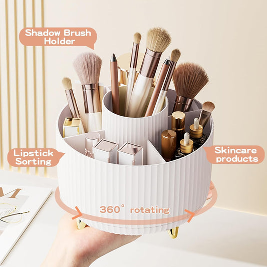 fanado 360° Rotating Makeup Organiser, Makeup Brush Holder, 5 Compartment Makeup and Skincare Storage for Vanity, Desktop, Bathroom (White)