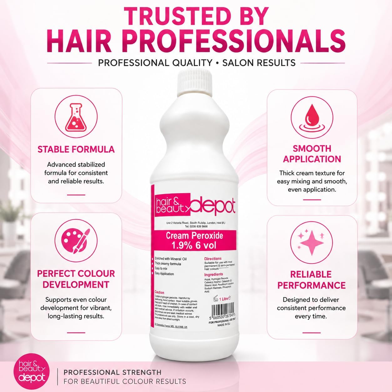 Cream Peroxide 6 Volume 1.9% Developer 1L, Thick Non-Drip Formula, Oxidising Cream for Hair Colour and Toners, Salon Quality