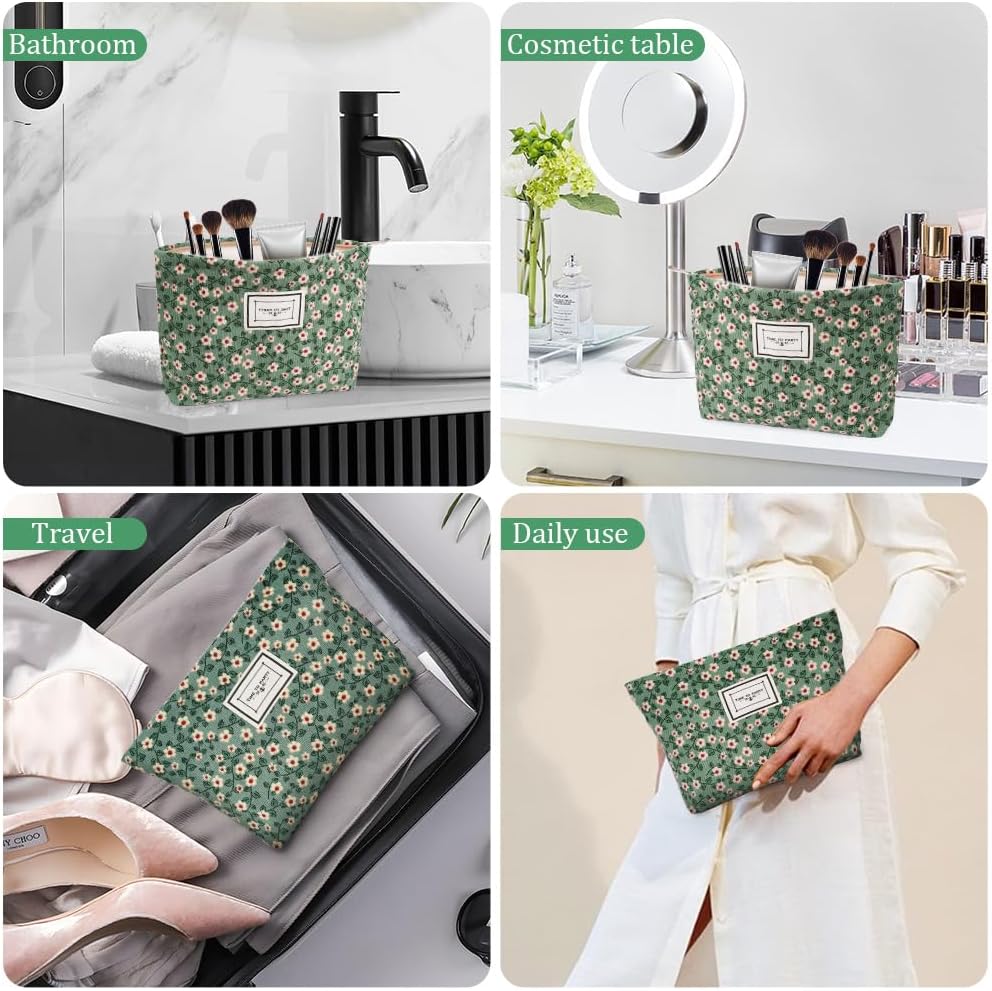 Aucuu Cosmetic Bags for Women, Small Floral Canvas Cosmetic Bag, Rose Flower Printing Corduroy Toiletry Bag, Multifunctional Travel Makeup Bag with Metal Zipper for Women Girls Gift - Green Flower