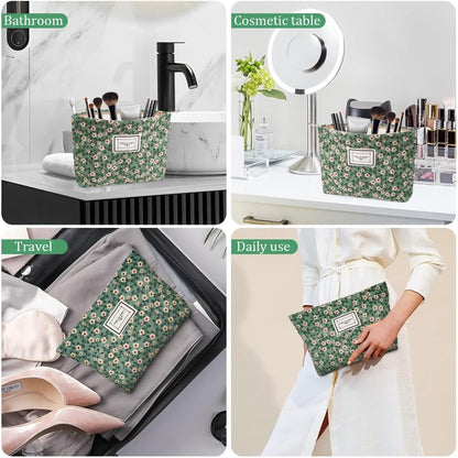 Aucuu Cosmetic Bags for Women, Small Floral Canvas Cosmetic Bag, Rose Flower Printing Corduroy Toiletry Bag, Multifunctional Travel Makeup Bag with Metal Zipper for Women Girls Gift - Green Flower