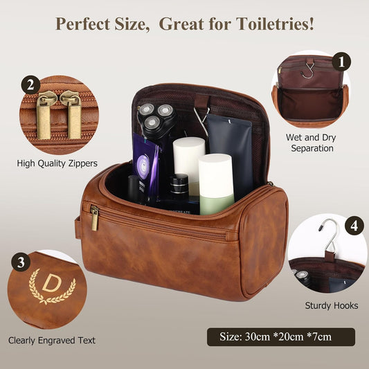 Mens Toiletry Bags,Personalised Gifts for Men Dad,Personalised PU Leather Mens Wash Bag with Initial Hanging Toiletry Bag Xmas Birthday Gifts (Initial-J, Light Brown)
