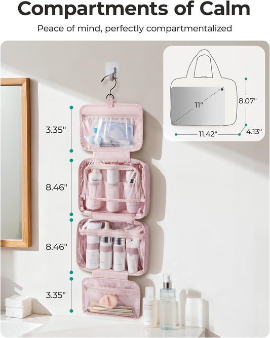 BAGSMART Hanging Toiletry Bag with Hook, Waterproof Travel Wash Bag Makeup Organiser, Full-Size Toiletries Cosmetics Accessories for Women &amp; Men, Camel