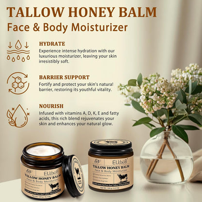 Whipped Tallow Cream for Face &amp; Body - 100% Grass-Fed Beef Tallow, Natural Honey &amp; Beeswax Moisturizer, Deep Hydration &amp; Nourishment, Oil-Free &amp; Unscented, Fast Absorbing