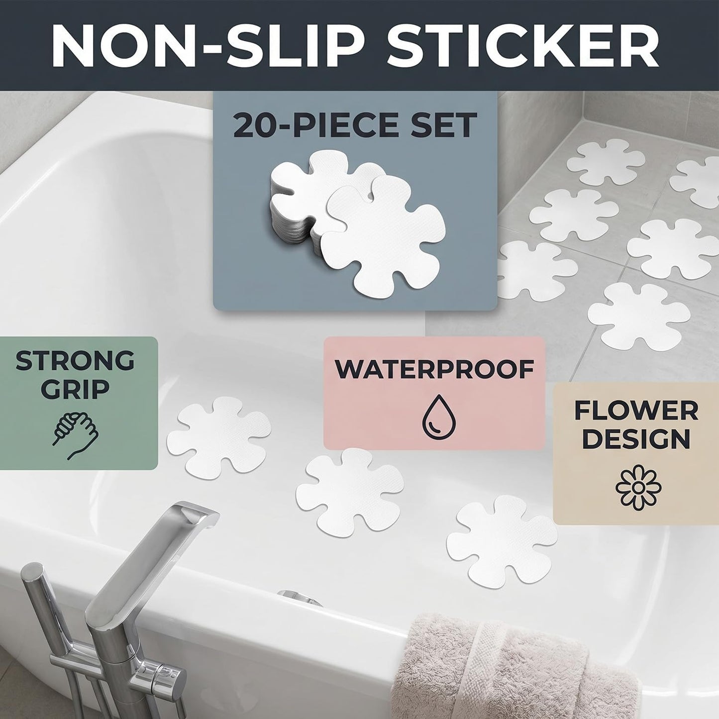 20PCS 8CM Flower Shower Non-Slip Stickers, Colorful Self-Adhesive Bath Tub Anti-Slip Pads, Safety Grip Treads for Bathroom, Shower, Bathtub &amp; Slippery Floors