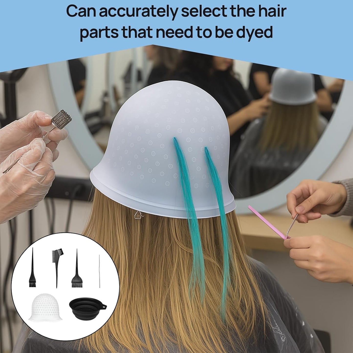 6 PCS Silicone Highlighting Cap and Hook Kit with 3 Brushes, Coloring Hook Needle Dye Bowl, Reusable Hair Highlighting Kit for Color Hair Hairdressing Dyeing Staining Tools for Women Men