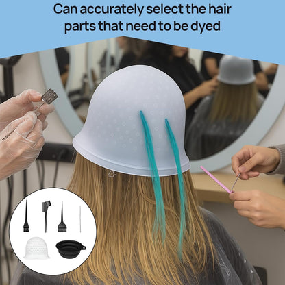 6 PCS Silicone Highlighting Cap and Hook Kit with 3 Brushes, Coloring Hook Needle Dye Bowl, Reusable Hair Highlighting Kit for Color Hair Hairdressing Dyeing Staining Tools for Women Men