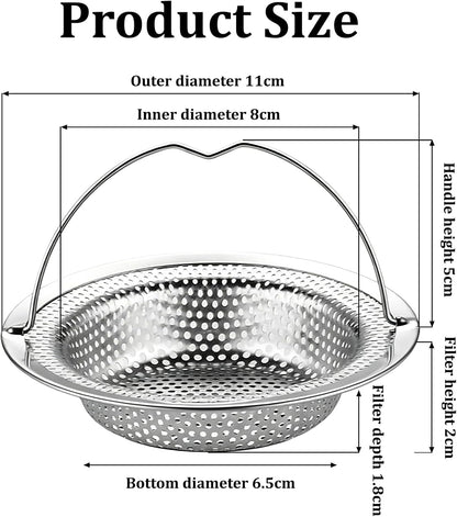 2 Pack Kitchen Sink Strainer, Sink Plug Strainer with Handle, sink Food Catcher, Shower Hair Catcher, Anti-Clogging, Outer Diameter 11cm, Inner Diameter 8cm, Height 2cm