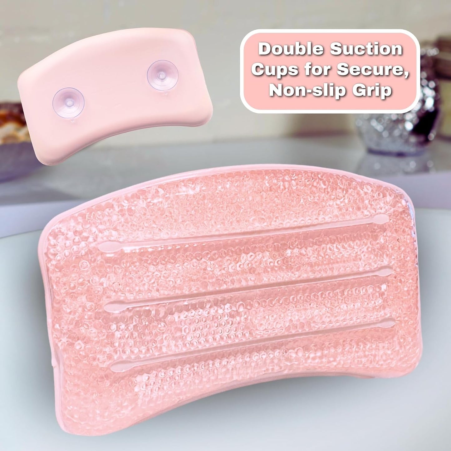 Pink Cooling Gel Bath Pillow | Head &amp; Neck Support for Soothing Baths | Relax in Comfort, Fits Every Tub, Secure Grip