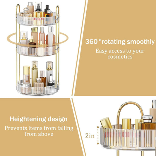 MOKANI 360 Rotating Makeup Organiser, 3 Tiers Spinning Skincare Organiser, Multi-Function Make Up Storage, Large Capacity Cosmetic Perfume Stand for Vanity, Bathroom and Bedroom