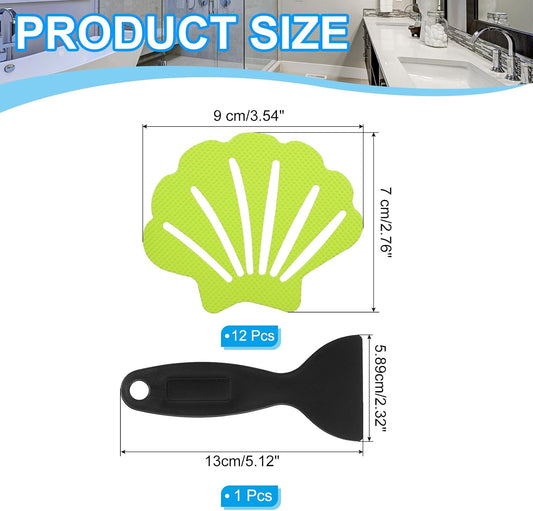 PATIKIL Bathtub Non Slip Stickers 3.54x2.76 Inch, 12 Pack Shell Safety Shower Floor Anti Slip Stickers with Adhesive Decals Scraper for Bath Tub Shower Floor Stair, Light Green
