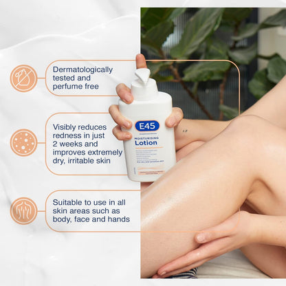E45 Moisturising Lotion 500 ml - Dermatological Body Moisturiser Lotion - Body Lotion - Daily Moisturiser for Dry Skin &amp; Sensitive Skin – Long-Lasting Hydration Protect from Dryness, Reduce Redness