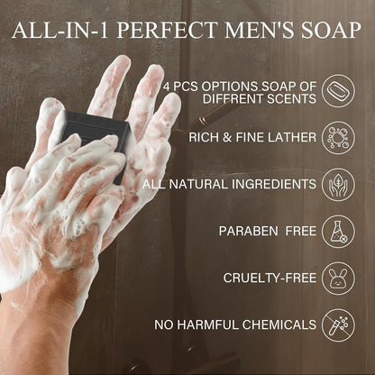 4 Pcs Natural Men`s Soap, SHVYOG Men`s Bar Soap, Handmade Exfoliating, Deep Cleansing, Refreshing, Moisturizing Bar for Body &amp; Face - Sandalwood Amber, Mint, Charcoal, Turmeric, 600g
