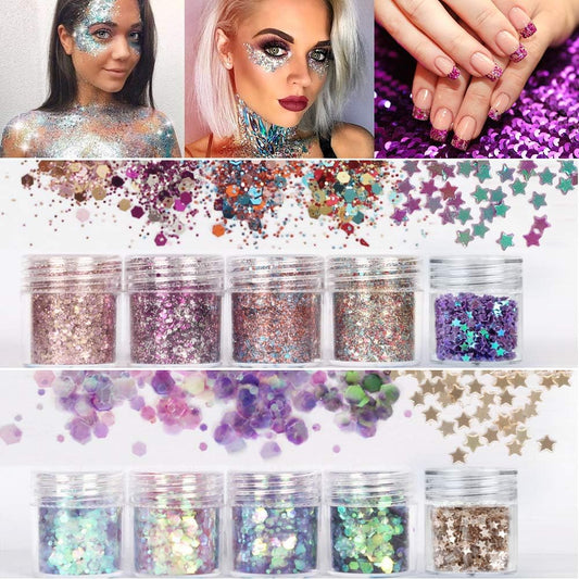 10 Face Glitter Cosmetic Reflective Chunky Cosmetic Glitter for Face Body and Hair(Includes Long Lasting Fix Gel and brush) Festival and Party Beauty Makeup (10 Color)
