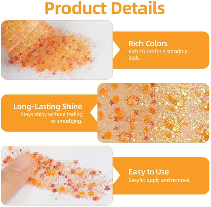 Beugo Body Glitter Stick, 16ml Chunky Mermaid Sequins Body Glitter Gel, Holographic Hair Glitters, Shimmer Face Paint Stick for Festival Rave Halloween Glitter Makeup（Brown-orange）