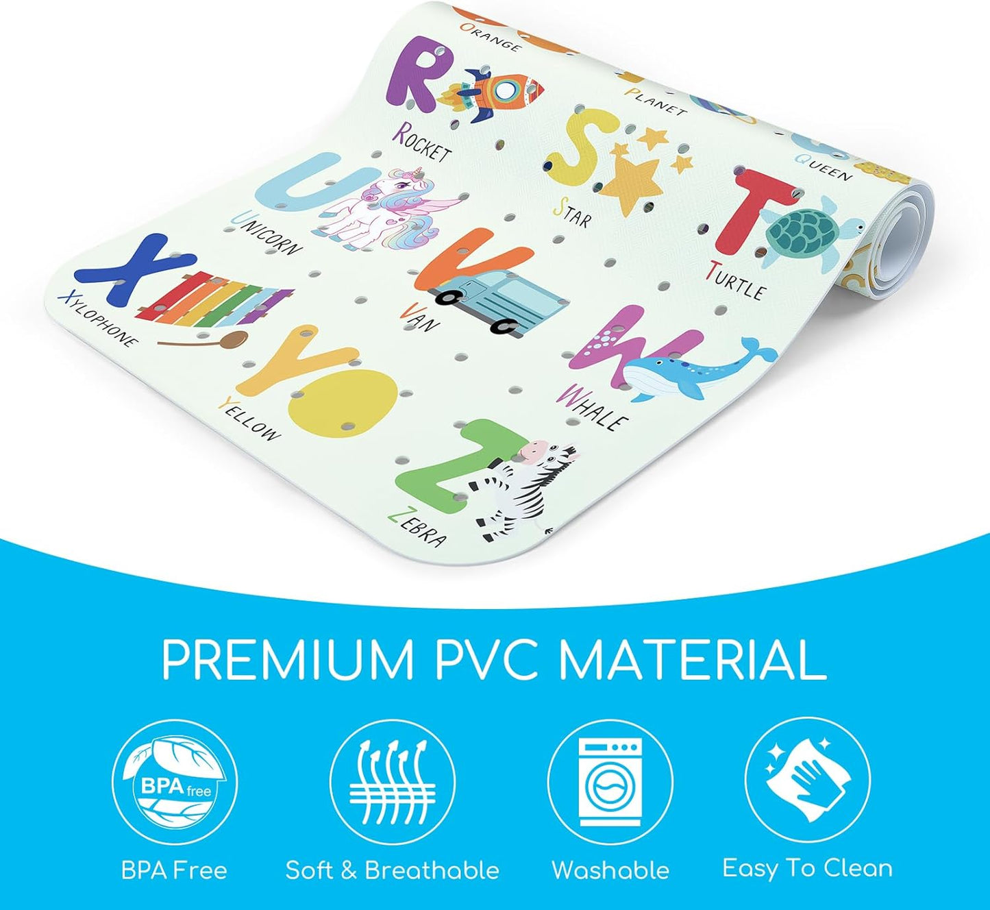 Baby Bath Mat Non Slip for Tub, 100 * 40cm Long Bathroom Bathtub Mat, Anti Slip Shower Mat with Suction Cups and Drain Holes, Alphabet
