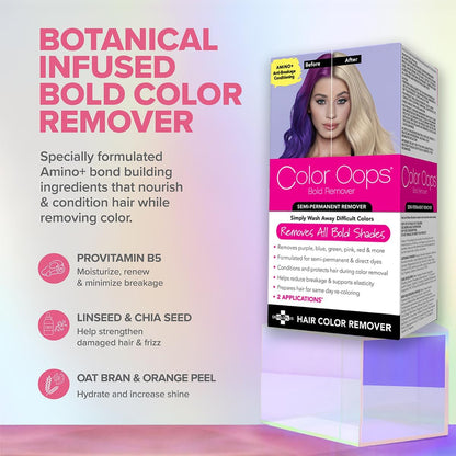 Color Oops Bold Remover, 2 Applications, Hair Dye Remover Safely Removes Direct Dyes and Semi Permanent Hair Color, Recolor The Same Day, Vegan &amp; Cruelty Free