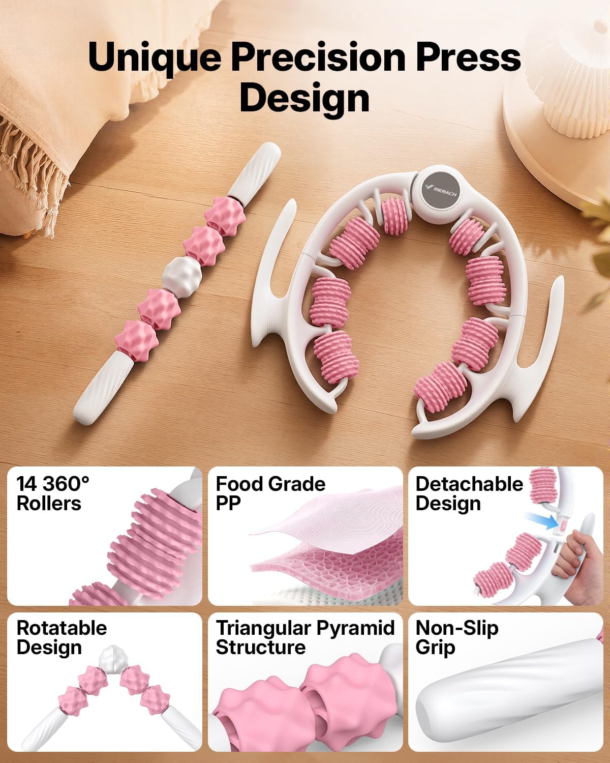 MERACH Cellulite Massager Tool - Anti Cellulite Massager 14 360° Rollers Detachable, Lymphatic Drainage Massager for Thighs Neck Buttocks &amp; Body Sculpting Massage Roller Massage Stick