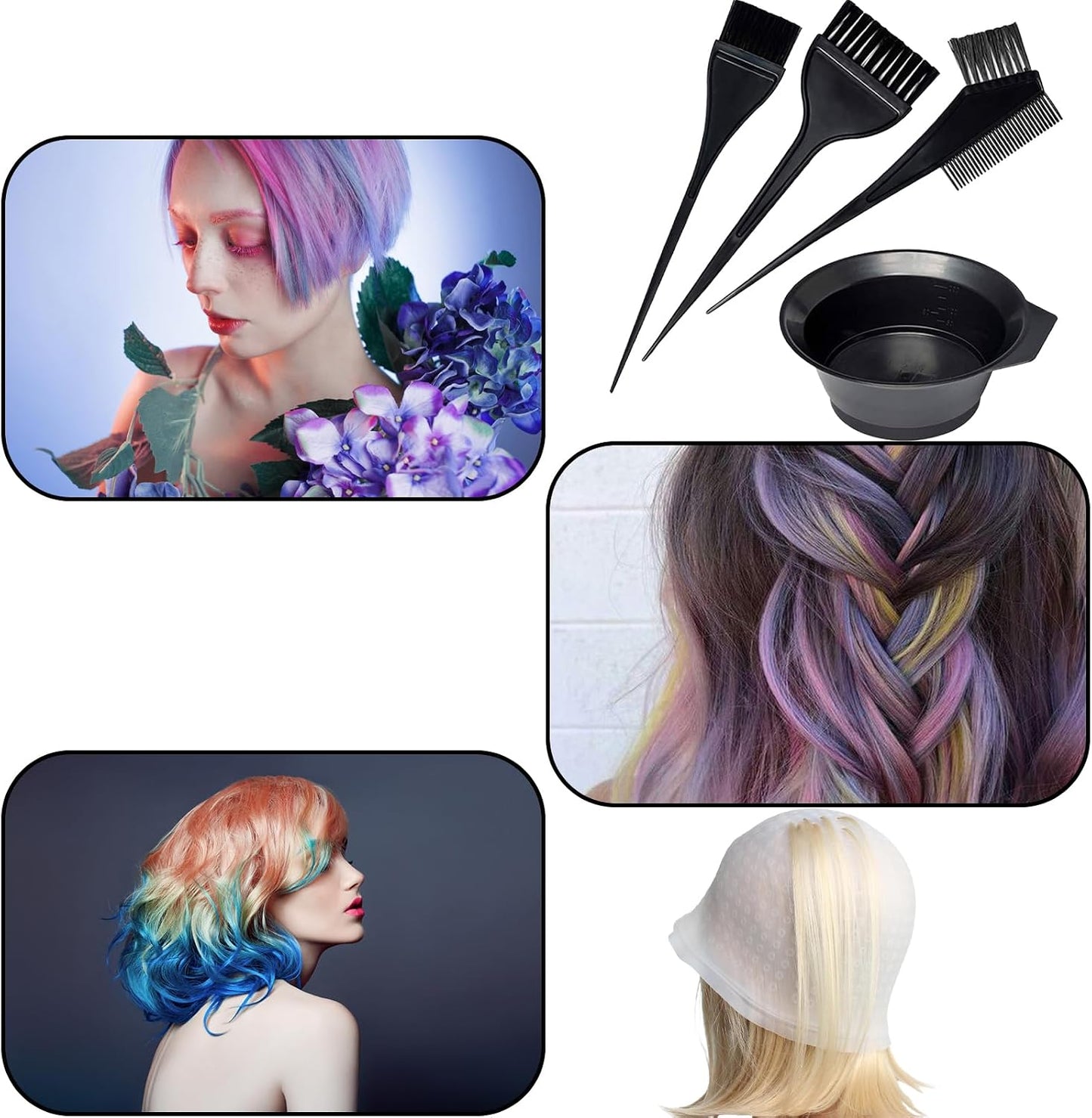 6 Pcs Silicone Highlight Cap Kit Highlight Caps with Coloring Hair Hook Hair Dye Cap Kit highlight cap and hook kit with Hair Coloring Brushes and Needle highlighting cap highlighting kit
