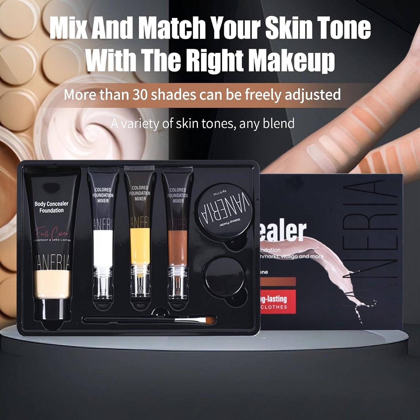 VANERIA Body Concealer Kit - Tattoo Cover Up Makeup, Waterproof &amp; Long - Lasting - Conceal Scars, Spots &amp; Vitiligo, Birthmarks - All Skin Tones
