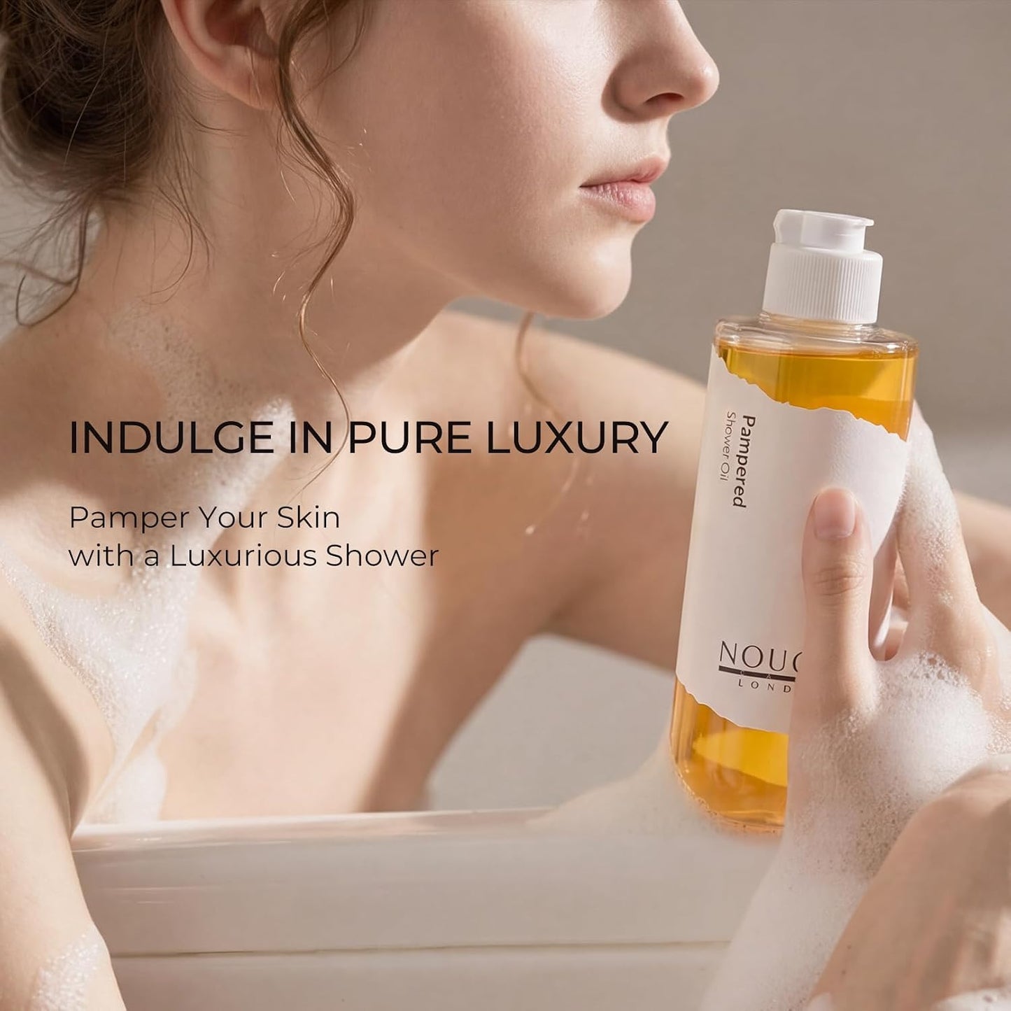 NOUGAT Pampered Shower Oil for Daily Bath Routine, Transforming Oil-to-Milk Body Cleanser for Makeup &amp; Sunscreen Removal, Hydrating Botanical Wash for Dry Skin Relaxation at Home, Exotic Scent, 372g