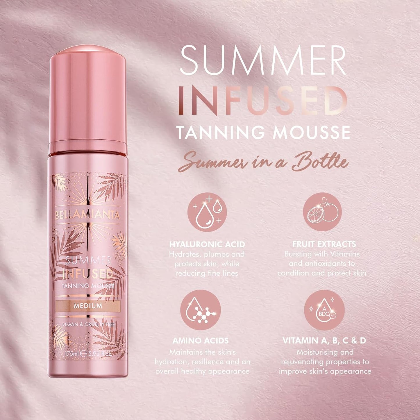 Bellamianta Summer Infused Luxury Tanning Mousse, Hyaluronic Acid and Superfruit Formula, Medium Tone, Vegan &amp; Cruelty-Free, 175ml (Pack of 2)