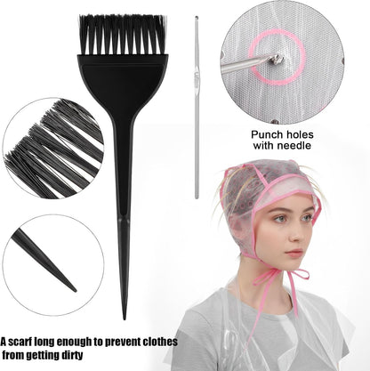 3 Sets Highlight Cap Kit with 3 Pcs Hair Highlighting Caps, 3 Pcs Styling Tools, 3 Pcs Disposable Hair Dye Shawl, 3 Pairs Gloves, 3 Pcs Dye Brushes Highlight Hairs Coloring Kit for Salon Hairs