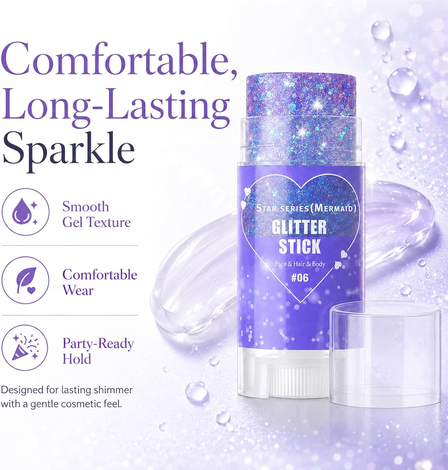 Mermaid Body Glitter Stick, Purple Sparkly Hair Face Glitter Gel Makeup for Women, Holographic Mermaid Glitters Face Paint Stick for Lip, Nail Festival Essentials Halloween Rave Outfit Accessories