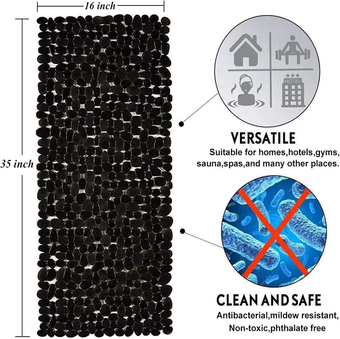 Marsheepy Non-Slip Pebble Bath Mat,Extra Long Anti Slip Bathtub Shower Mat with Suction Cups and Drain Holes for Bathroom,Machine Washable,40 x 88 CM,Black
