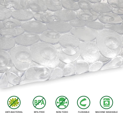 WELTRXE Non Slip Bath Mats for Inside Bath, 69 x 36 cm Clear Pebble Bath Mat Non Slip Anti Mould, Anti Slip Shower Mat, Flexible Oval PVC Bathtub Mat with Suction Cups &amp; Drain Holes, Machine Washable