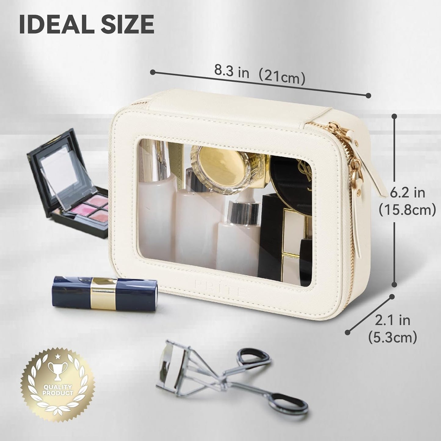 Prite Clear Makeup Bag Cosmetic Case Travel Toiletry Bag, Beige, Standard | Three Sizes, Water-resistant, Tsa Approved, See Through, Car Essentials, Vegan Leather, Transparent PVC, Gift Box Packaging