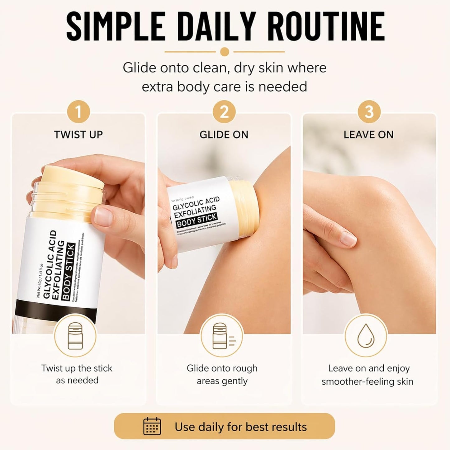 Glycolic Acid Exfoliating Body Stick, Glycolic Acid Stick, Body Exfoliator - Shea Butter Body Care Balm for Rough, Dry, Uneven Texture - Lightweight Non-Greasy Care for Underarms,Elbows, Knees 40g