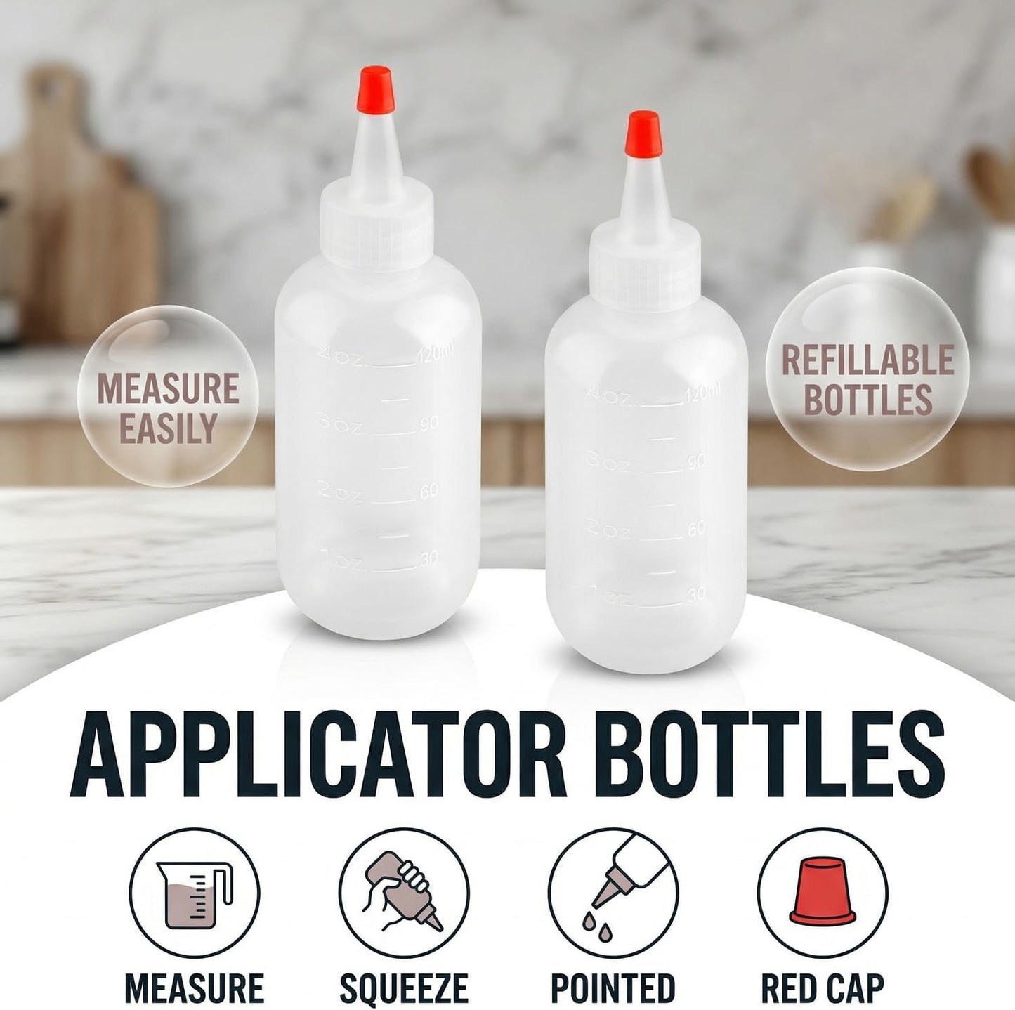 2PCS 120ml Squeeze Applicator Bottles with Red Pointed Tip &amp; Graduated Scale, Reusable Translucent PE Plastic Liquid Dispensers for Hair Dye, Shampoo, Conditioners, Travel &amp; DIY Crafts