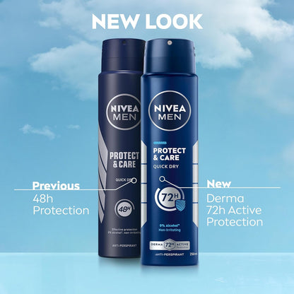 NIVEA Men Protect &amp; Care Spray (6 x 250ml), Anti-Perspirant for 72H Protection, Gentle and Effective Deodorant Free From Alcohol