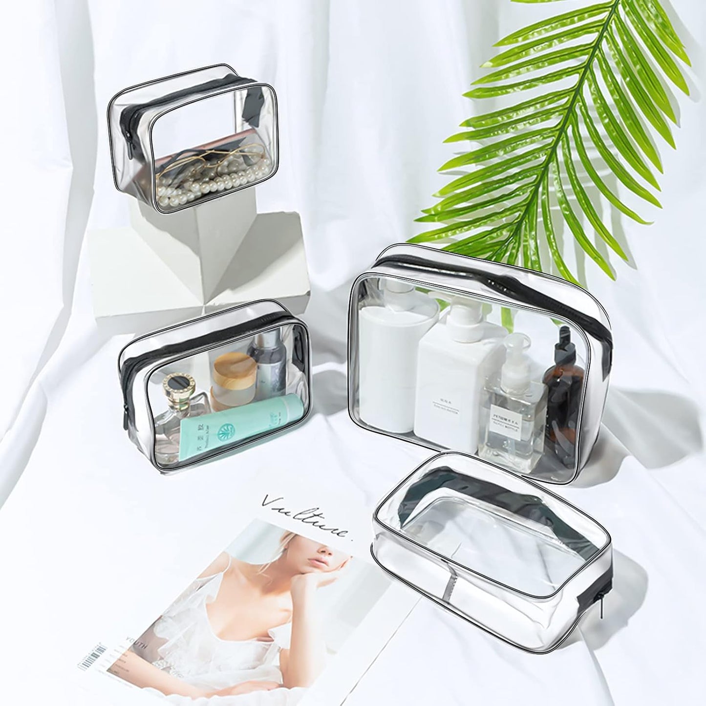 Aucuu 4-Pack Clear Wash &amp; Makeup Bags TSA Approved Makeup Bags, PVC Waterproof Travel Wash Bags for Family, Men, Women (Largea, Medium, Small, Minimum)