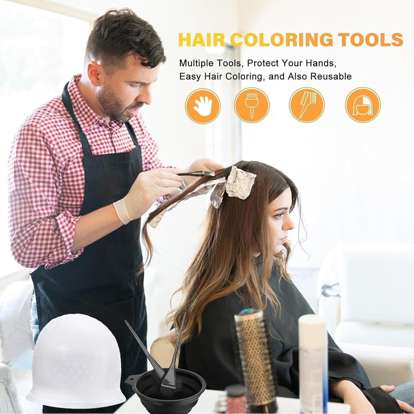 6Pcs Highlight Cap Kit, Silicone Highlight Hair Cap(Need to Punch Holes by Yourself), Folding Hair Dye Bowl with Hair Coloring Brushes and Needle, Highlighting Cap for Dyeing Hair Salon Home Use
