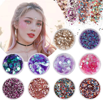 10 Face Glitter Cosmetic Reflective Chunky Cosmetic Glitter for Face Body and Hair(Includes Long Lasting Fix Gel and brush) Festival and Party Beauty Makeup (10 Color)