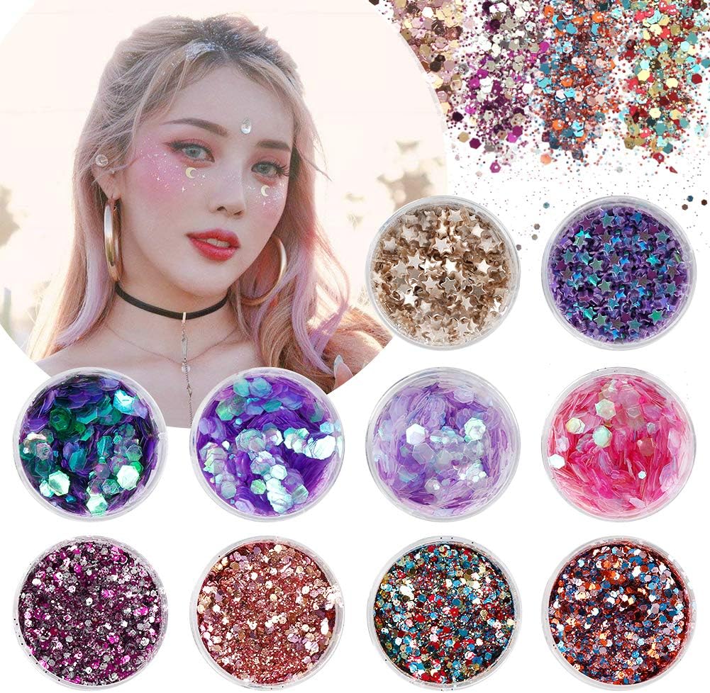 10 Face Glitter Cosmetic Reflective Chunky Cosmetic Glitter for Face Body and Hair(Includes Long Lasting Fix Gel and brush) Festival and Party Beauty Makeup (10 Color)
