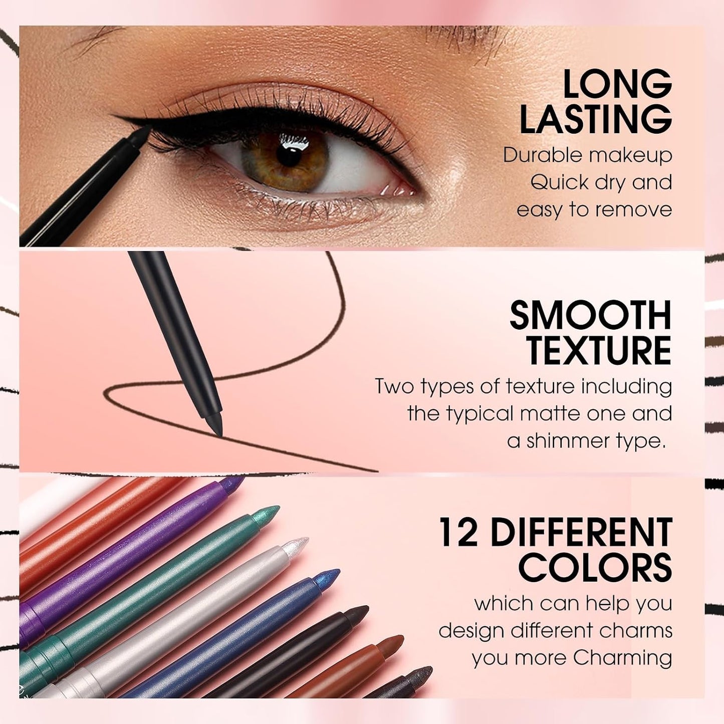 Waterproof Gel Black Eyeliner Pencil, Twist-Up Smudge-Proof Eye Liner with Fine Tip, Smooth Creamy Formula for Precise Shimmer Lines, for Waterline and Daily Makeup (12 Black)