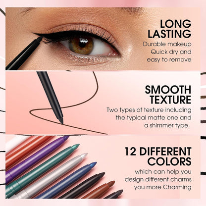 Waterproof Gel Black Eyeliner Pencil, Twist-Up Smudge-Proof Eye Liner with Fine Tip, Smooth Creamy Formula for Precise Shimmer Lines, for Waterline and Daily Makeup (12 Black)