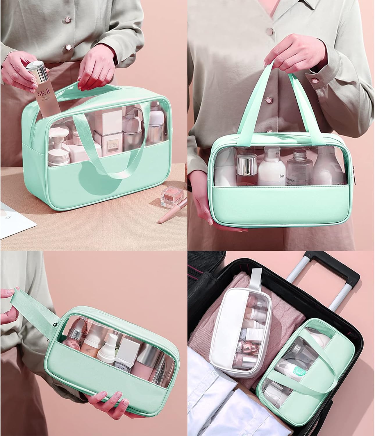 Clear Toiletry Bag 3 pcs, Waterproof Wash Bags Set in PVC, Large Capacity Makeup Bag with Handle, Travel Cosmetic Bag for Men and Women (Green)